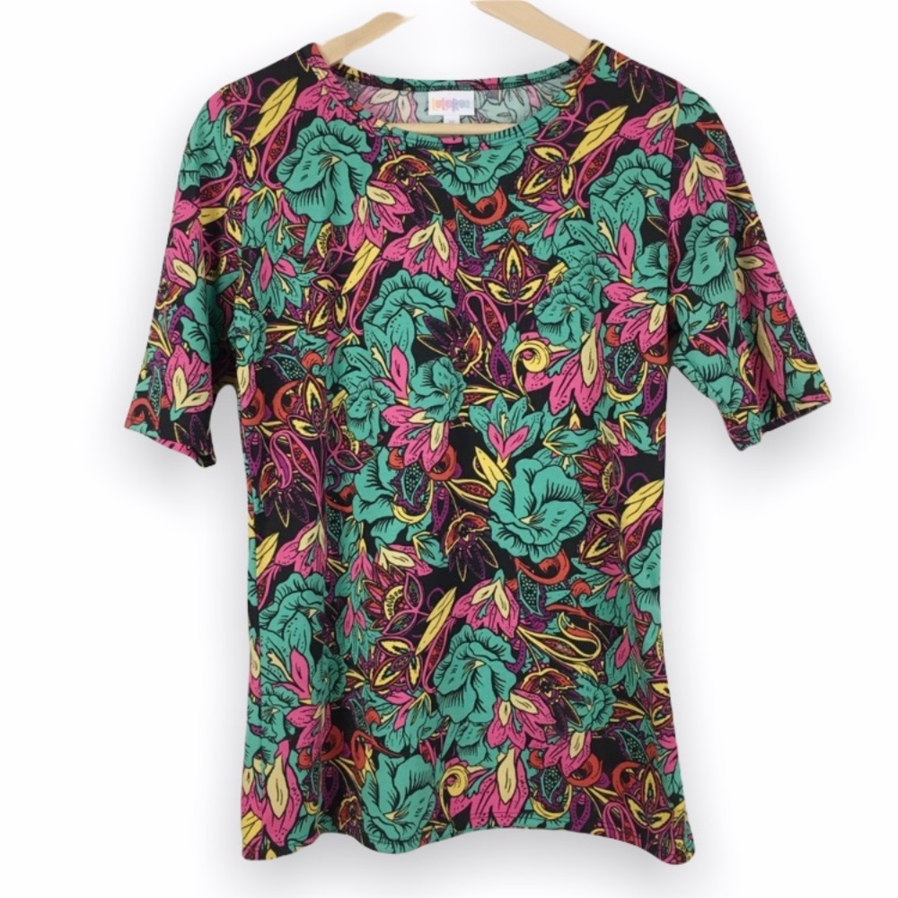 NEW Lularoe Womens‎ Pink Green Yellow Floral Print Stretch Knit Top Shirt Medium